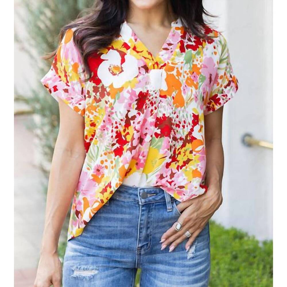 NEW SUPREME FASHION boho floral print v neck short sleeves top in multi